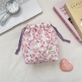 Detailed view of quilted cotton drawstring bag with pink floral and rabbit patterns - Flower White Rabbit