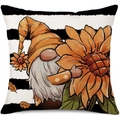 Linen sunflower gnome throw pillow cover with black and white striped background print - 45x45cm Pillow Cover / Striped Background Sunflower Gnome-1 (3ym373-1)