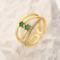 Anillo abierto dorado de tres capas con circonitas verdes y detalles brillantes - Estilo abierto de tres capas (13316) / Verde