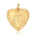18K gold plated copper heart pendant featuring a central letter K with rope border detail - Heart Letter K