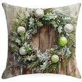 Christmas wreath linen pillow cover with festive pine cones on dark wood background - YMD15-34 (Holly Door Wreath)