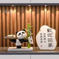 Panda sculpture organizer with gold tray and bamboo key rack on wooden shelf - Panda Raising Leg Storage + Welcome Home