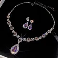 Luxury purple teardrop jewelry set with necklace and earrings featuring crystals - Necklace and Earring Set / Silver Purple Pink