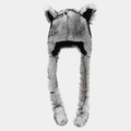 Plush fox ear trapper hat with grey striped faux fur and long scarf earflaps for winter - One Size / White