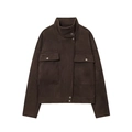Chaqueta de gamuza sintética marrón oscuro para mujer con cuello alto y bolsillos de presión - XS / café