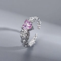 Irregular silver textured ring with a pink heart-shaped zircon and adjustable open band - Pink Heart Pleated Texture (JZ0122)