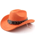Bright orange western cowboy hat with a metal bull head buckle and decorative rivets - M (56-58cm) / Orange