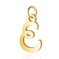 Close-up of a polished golden letter E pendant with a jump ring for DIY jewelry making - Letter E