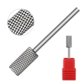Detail of silver alloy nail drill bit with fine cross-cut texture and red storage base - Silver Nail Drill Bit 01F