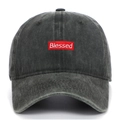 Detail of Blessed embroidery on vintage washed dark grey baseball cap with red patch - Army Green