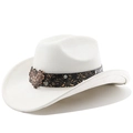 Detail of white wool cowboy hat featuring a black paisley band and heart crystal buckle - M (56-58cm) / Cream