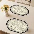 Waterproof cream leather placemats set of 2 with black floral and hummingbird pattern - Irregular Shape / 1 Piece / French Vintage Style-C