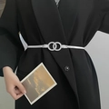 Elastic silver metal chain belt with textured double ring buckle on black suit - A174 Double Round Ring Buckle / Silver