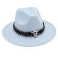 Close-up of light blue wool fedora with ethnic woven band and silver bull head detail - Sky Blue (Colored Steer)