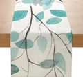 Polyester table runner with watercolor teal leaf and brown branch print on cream fabric - Blue-Green Leaves Pattern (ZQ7-7)