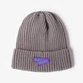 Gray knitted beanie with purple letter patch and ribbed texture for autumn style - Gray