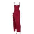 Detailed view of burgundy satin evening dress featuring high slit and lace-up back design - Burgundy