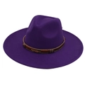 Detail of purple wool fedora with woven band, metal feather charm and colorful beads - Adult (57-60cm) / Purple Heart (Gold Feather)
