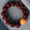 18-20mm Rudraksha seed bracelet with amber bead and silver spacer in traditional style - Jade-like Amber Style 20mm 5-Valve