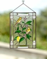 Detailed stained glass suncatcher featuring yellow birds and lemons in metal frame - Style 3 (Yellow Birds)