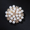 Elegant circular cluster brooch with white pearls and sparkling rhinestones on gold base - xz4013A Gold Cluster