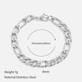 Silver stainless steel Figaro chain bracelet for women, 8mm width with 180mm perimeter - 8mm-18cm / Silver