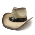 Western straw cowboy hat with metallic bull head emblem and vintage brown gradient edge - Beige Brown