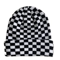 Close-up of black and white checkerboard knit beanie with soft textured fabric - Checkerboard - Black & White