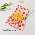 Cute white puppy dress featuring red strawberry prints and a large yellow waist bow - S / Strawberry Floral
