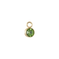 Detail view of a gold round pendant with a faceted olive green zircon birthstone - Light Green