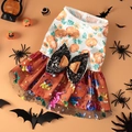 Halloween pet dress with pumpkin prints, orange tulle skirt, and a black lace bow ornament - S / Halloween Pumpkin Dress Orange