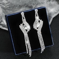 Elegant silver long tassel drop earrings with sparkling rhinestones in a gift box - Silver Tassel Tilted Box Style (DTE1616983S)