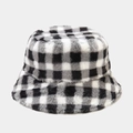 Detailed view of the thick plush faux fur texture on the black and white checkered bucket hat - M (56-58cm) / Black White Grey Grid (Color 2)