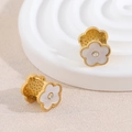 Golden flower earrings with white petals and center zircon on beige textured fabric - White Double-Sided Clover EL04-8