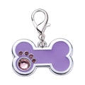 Purple bone-shaped pet tag with pink rhinestone paw print and silver lobster clasp - Bone / Purple