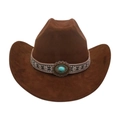 Dark brown suede western cowboy hat with ethnic embroidery and turquoise stone - One Size / Oval Blue Stone Decoration / Coffee