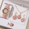 Women's rose gold watch set with pink leather strap and heart-shaped crystal jewelry set - 5-Piece Set (No Box) / Pink Heart Set