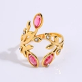 Titanium steel ring with gold leaf design, pink and clear crystals, open band for women - Floral Pink Stone Style (JZ26-6)