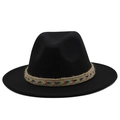 Detail of wide brim black wool fedora with a braided rainbow embroidery hat band - M(56-58cm) / Black