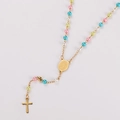Colorful rosary necklace with gold chain and cross pendant on white background - Multicolor 1 (Pink Blue Yellow White)