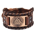 Detail of a wide brown leather bracelet featuring an engraved Valknut symbol and runes - Genuine Leather / Brown Leather Ancient Copper