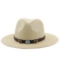 Beige classic straw Panama hat with turquoise bead band and sun protection wide brim - Beige