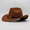 Brown western cowboy hat with woven band and gold feather decoration for adults - Khaki Cowboy (Gold Feather)