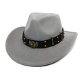 Dettaglio cappello da cowboy grigio con fascia in pelle e stemma decorativo con aquila - M (56-58cm) / Grigio chiaro
