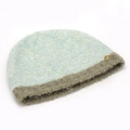 Detailed texture of dual-tone knit beanie with plush brim and gold rose badge - One Size / Blue-green & Gray Contrast (G)