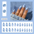 Faux ongles amande marbrés bleus avec motif de vagues élégant, ensemble complet de 24 - Forme d'Amande / Rayures de Sel de Mer (Style Colle)