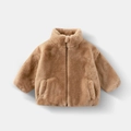 Kids' warm faux fur jacket in classic camel brown with thick plush stand-up collar design - Khaki / 90cm