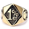Men's retro gold 1%er skull biker ring with hexagonal shield and matte black finish - US Size 9 / Gold (08406)