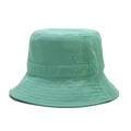 Close-up of mint green cotton bucket hat with stitching details and metal eyelets - Teal