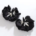 Detail of black fabric camellia earrings with crystal rhinestones and satin petals - Style 4 (Black)